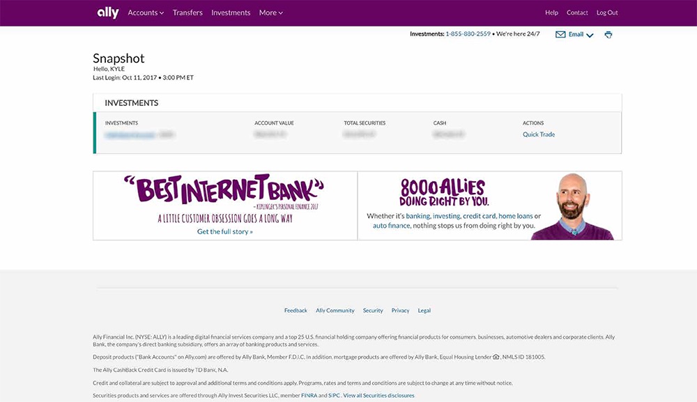 Screenshot of the home page of Ally Financial's web application