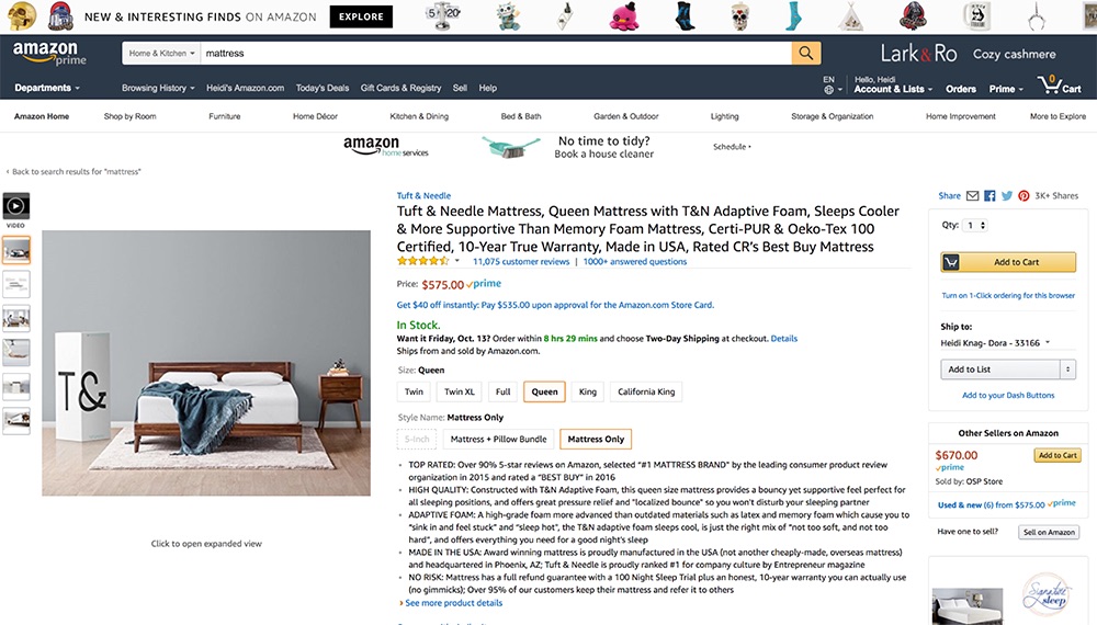 Screenshot of the home page of Amazon's website