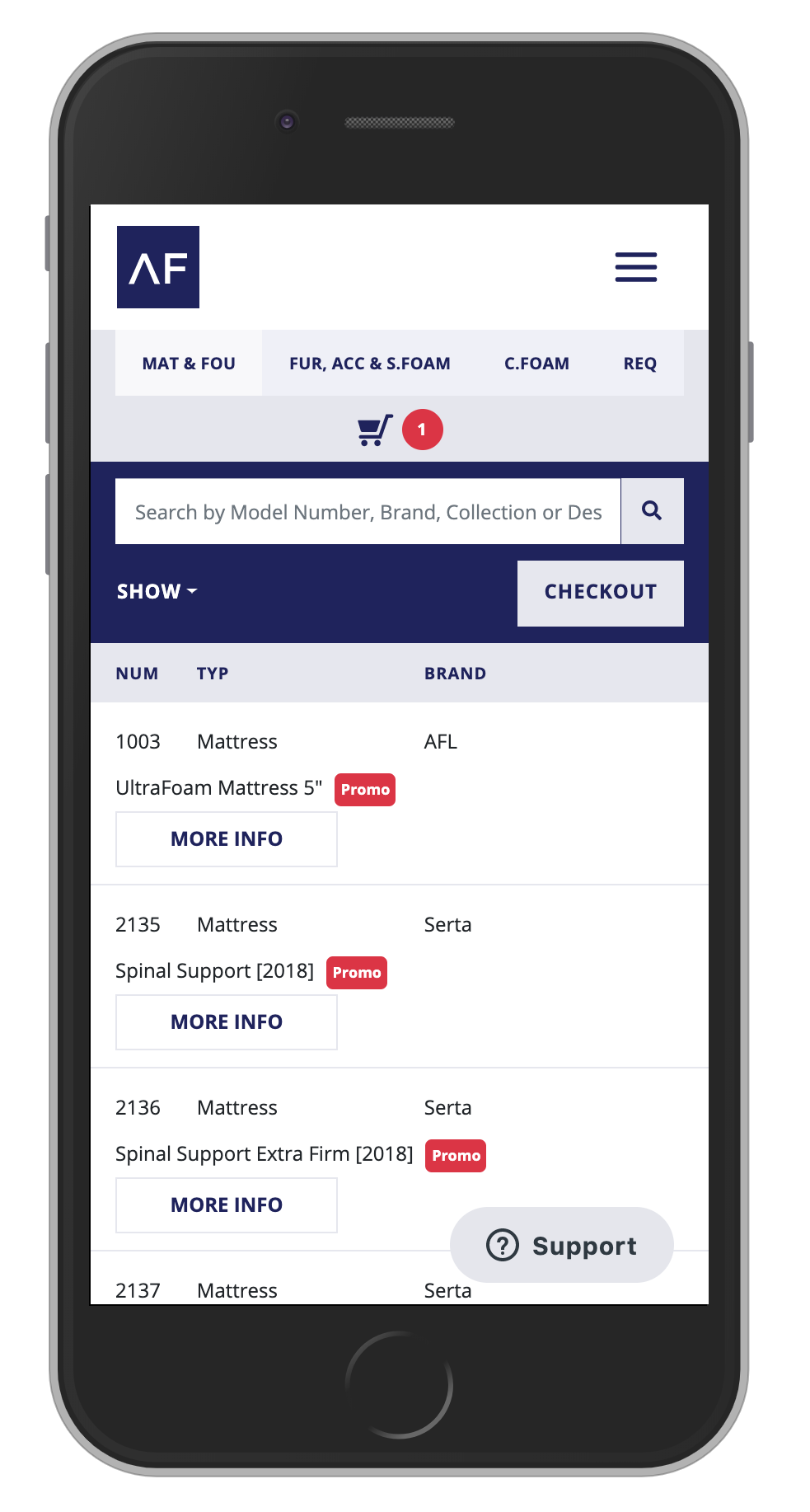 Screenshot of the Mattress and Foundation tab of the AFL Online web application on a mobile device